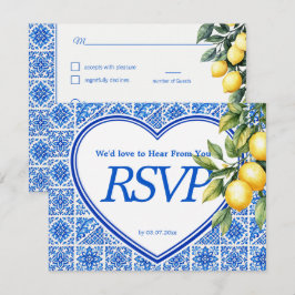 Tarjeta De Confirmación De Asistencia 💙🍋Elección de comida + QR Azul & Limone Romance