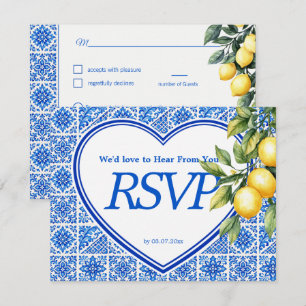 Tarjeta De Confirmación De Asistencia 💙🍋Elección de comida + QR Azul & Limone Romance