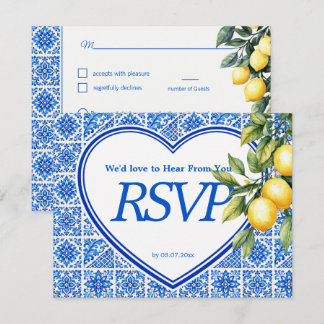 Tarjeta De Confirmación De Asistencia 💙🍋Elección de comida + QR Azul & Limone Romance