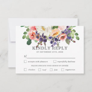 Tarjeta De Confirmación De Asistencia Elección de la comida del Boda floral morado blanc