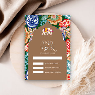 Tarjeta De Confirmación De Asistencia Elefante Arte Popular Indio Boda Beige