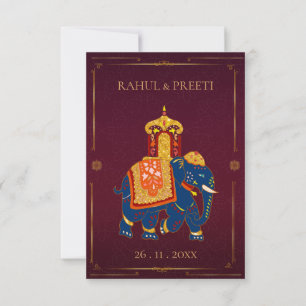 Tarjeta De Confirmación De Asistencia Elefante dorado rojo vibrante Boda indio