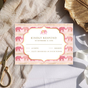 Tarjeta De Confirmación De Asistencia Elefante Rosa y Dorado Boda India