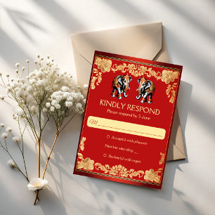 Tarjeta De Confirmación De Asistencia Elefantes rojos y dorados para bodas indias
