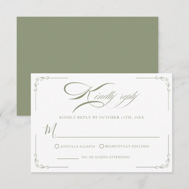 Tarjeta De Confirmación De Asistencia Elegancia eterna Boda verde sabio (Anverso / Reverso)