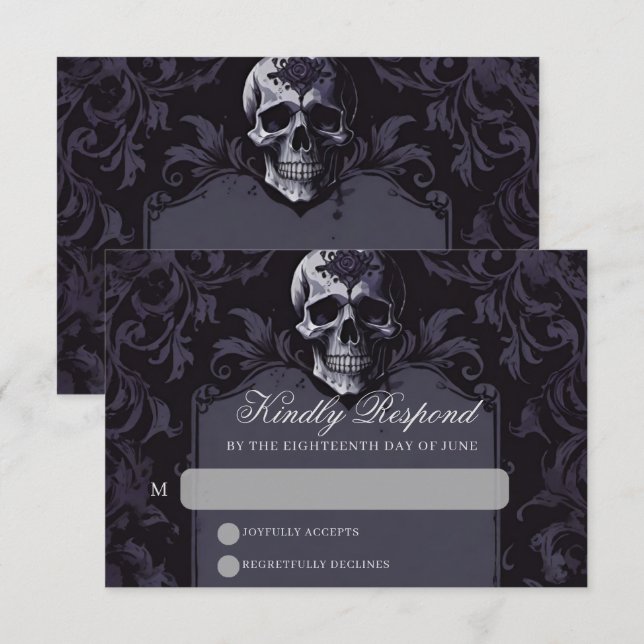Tarjeta De Confirmación De Asistencia Elegancia gótica Purple Boho Skull Boda (Anverso / Reverso)