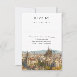 Tarjeta De Confirmación De Asistencia Elegant Barcelona Skyline Watercolor Wedding