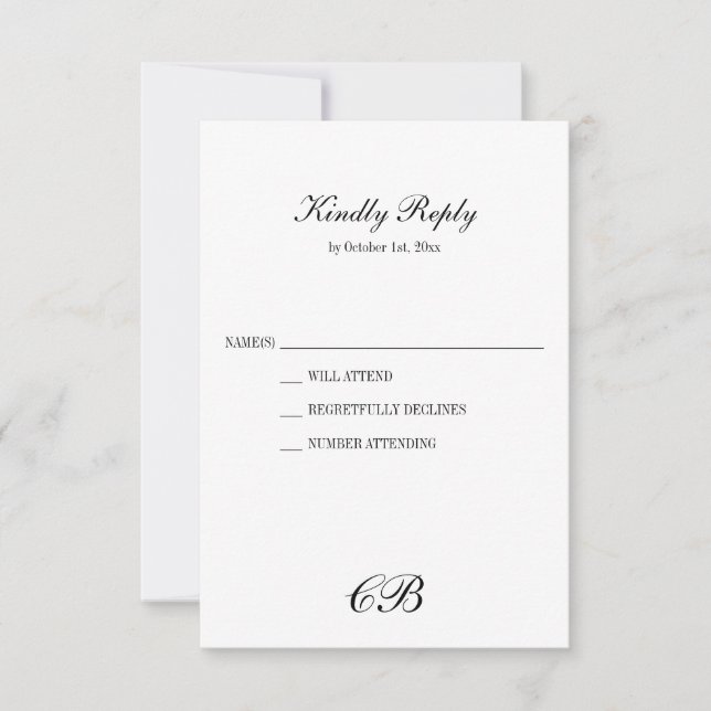 Tarjeta De Confirmación De Asistencia Elegant Black and White Script Monogram Wedding (Anverso)