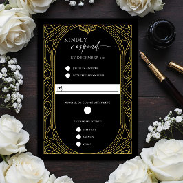 Tarjeta De Confirmación De Asistencia Elegant Black Faux Gold Art Deco Response Card