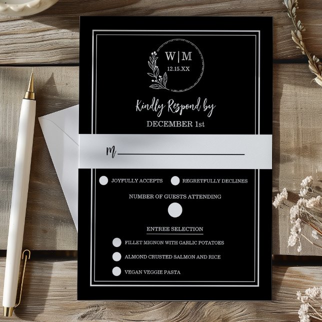 Tarjeta De Confirmación De Asistencia Elegant Black Floral Monogram Response Card (Elegant Black Floral Monogram RSVP Wedding Response Card)