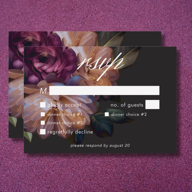 Tarjeta De Confirmación De Asistencia Elegant Black Moody Floral Wedding Three Dinner (Elegant Black Moody Floral Wedding Three Dinner RSVP Card)