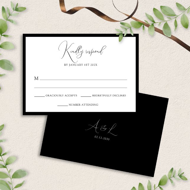 Tarjeta De Confirmación De Asistencia Elegant Black & White Monogram Bordered Wedding (Subido por el creador)