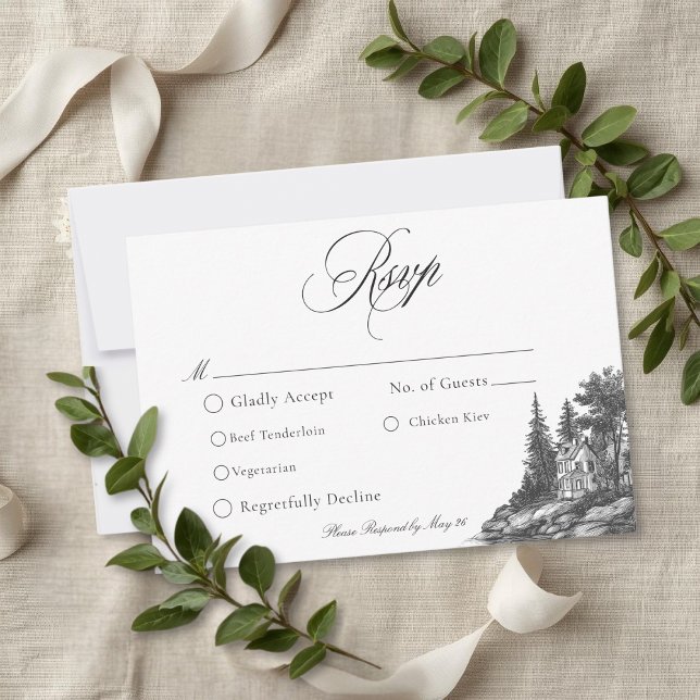 Tarjeta De Confirmación De Asistencia Elegant Black White Toile French Manor Wedding (Elegant Black White Toile French Manor Wedding RSVP Card)