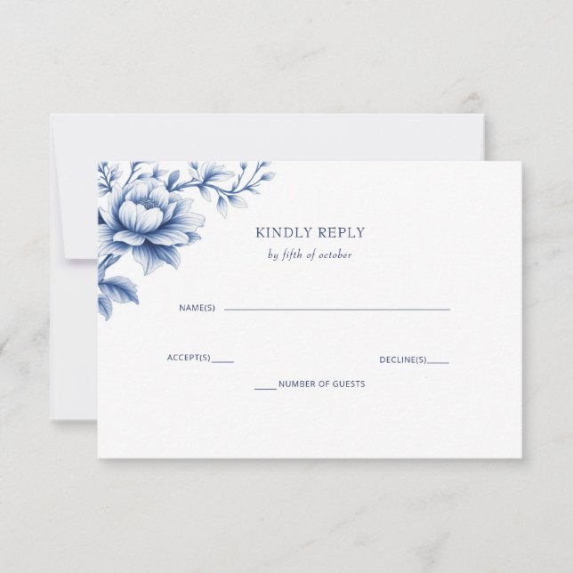 Tarjeta De Confirmación De Asistencia Elegant Blue Chinoiserie Floral Botanical Wedding (Anverso)