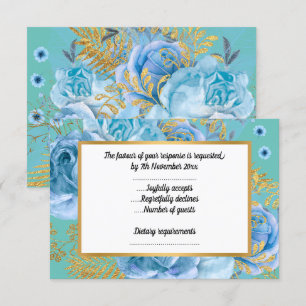 TARJETA DE CONFIRMACIÓN DE ASISTENCIA ELEGANT BLUE FLORAL AQUA GOLD PARA CUALQUIER OCASI