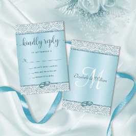 Tarjeta De Confirmación De Asistencia Elegant Blue Glitter Monogram Wedding