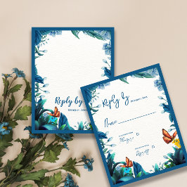 Tarjeta De Confirmación De Asistencia Elegant Blue Green Foliage Butterfly Wedding Reply