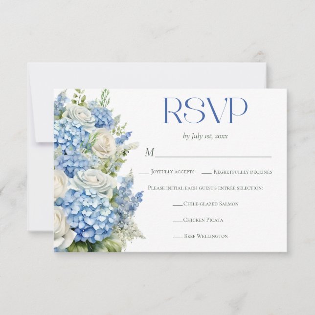 Tarjeta De Confirmación De Asistencia Elegant Blue Hydrangea Floral Meal Choice Wedding (Anverso)