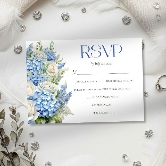 Tarjeta De Confirmación De Asistencia Elegant Blue Hydrangea Floral Meal Choice Wedding (Subido por el creador)