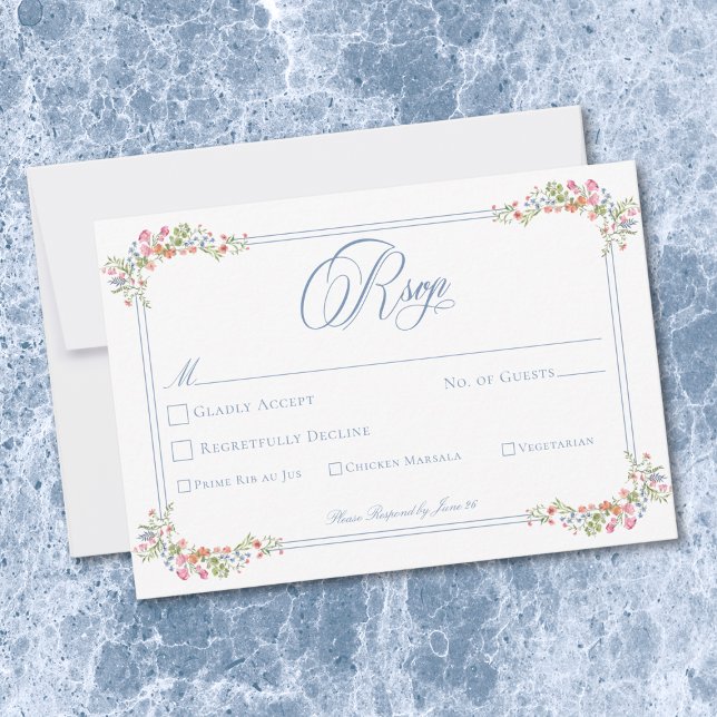 Tarjeta De Confirmación De Asistencia Elegant Blue Pastel Wildflower Border Wedding (Elegant Blue Pastel Wildflower Border Wedding RSVP Card)