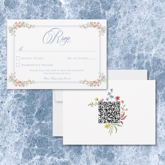 Tarjeta De Confirmación De Asistencia Elegant Blue Pastel Wildflower Border Wedding (Elegant Blue Pastel Wildflower Border Wedding RSVP Card)