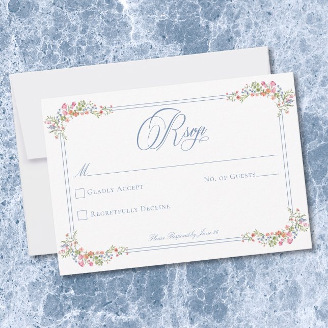 Tarjeta De Confirmación De Asistencia Elegant Blue Pastel Wildflower Border Wedding (Elegant Blue Pastel Wildflower Border Wedding RSVP Card)