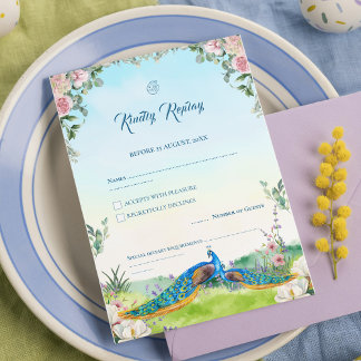 Tarjeta De Confirmación De Asistencia Elegant Blue Peacock Floral Wedding Theme