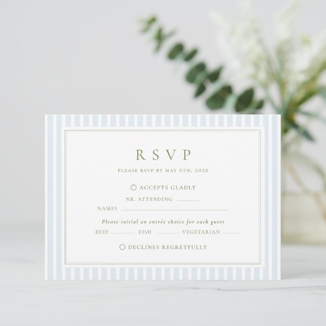 Tarjeta De Confirmación De Asistencia Elegant Blue & Sage Striped Wedding (Anverso de pie)