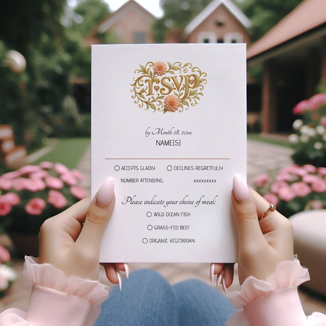 Tarjeta De Confirmación De Asistencia Elegant Blush Dahlias Golden Script Wedding (Subido por el creador)