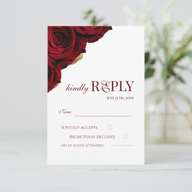 Tarjeta De Confirmación De Asistencia Elegant Burgundy and White Roses Wedding (Anverso de pie)