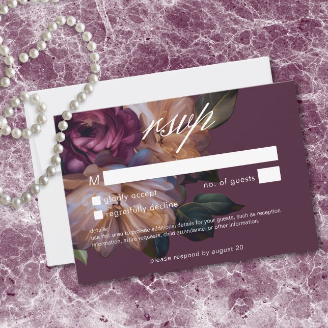 Tarjeta De Confirmación De Asistencia Elegant Burgundy Classic Moody Floral Wedding (Elegant Burgundy Classic Moody Floral Wedding RSVP Card)