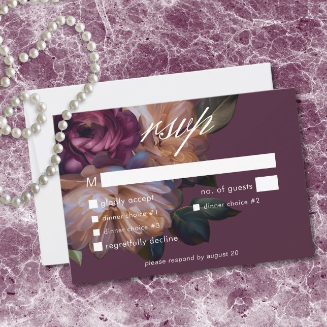 Tarjeta De Confirmación De Asistencia Elegant Burgundy Classic Moody Floral Wedding (Elegant Burgundy Classic Moody Floral Wedding RSVP Card)