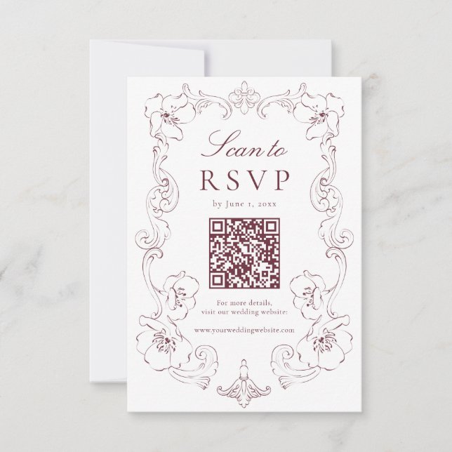 Tarjeta De Confirmación De Asistencia Elegant Burgundy Ornate Floral QR Code Wedding (Anverso)