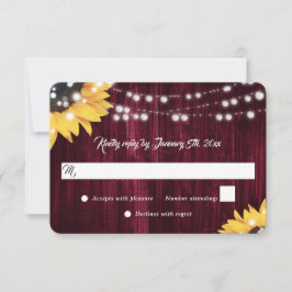 Tarjeta De Confirmación De Asistencia Elegant Burgundy Sunflower Wood Lights Wedding