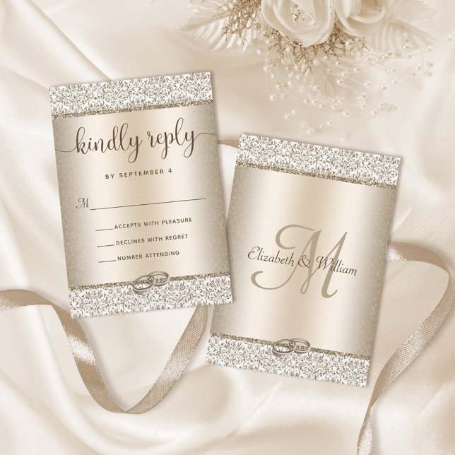 Tarjeta De Confirmación De Asistencia Elegant Champagne Glitter Monogram Wedding  (Subido por el creador)