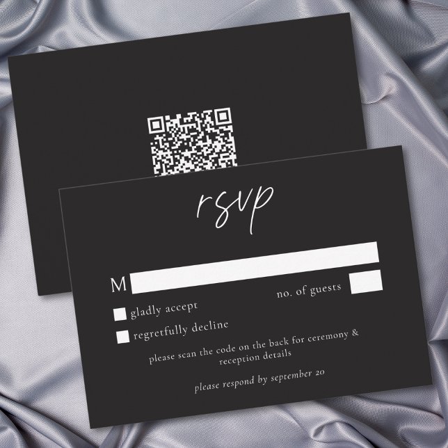 Tarjeta De Confirmación De Asistencia Elegant Charcoal Black Minimalist Wedding QR (Elegant Charcoal Black Minimalist Wedding QR RSVP Card)