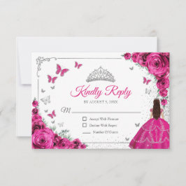 Tarjeta De Confirmación De Asistencia Elegant Chic Fuchsia Pink Silver Quinceanera Reply