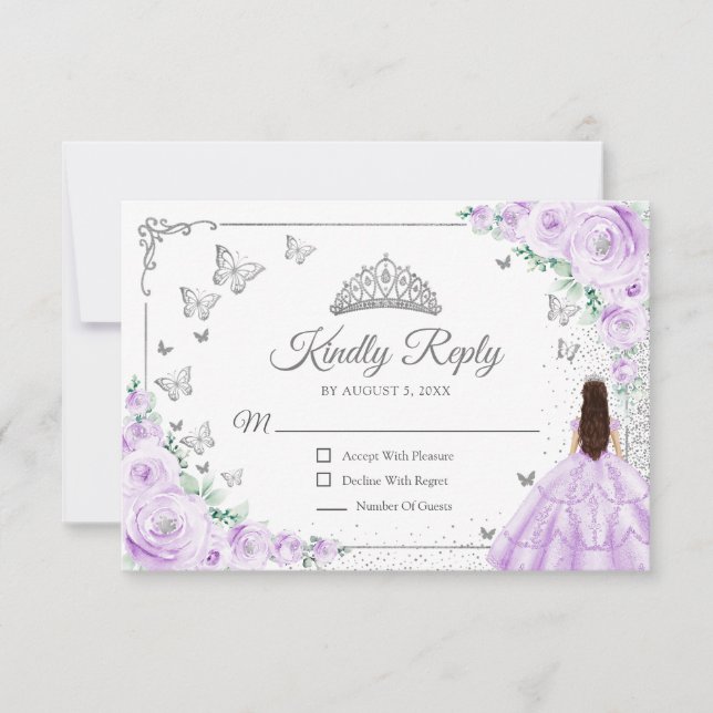 Tarjeta De Confirmación De Asistencia Elegant Chic Lilac Purple Silver Quinceanera Reply (Anverso)