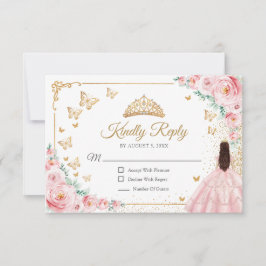 Tarjeta De Confirmación De Asistencia Elegant Chic Pink Roses Gold Quinceanera Reply