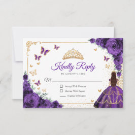 Tarjeta De Confirmación De Asistencia Elegant Chic Purple Roses Gold Quinceanera Reply