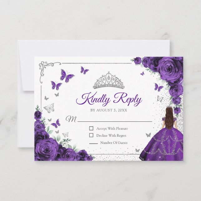 Tarjeta De Confirmación De Asistencia Elegant Chic Purple Silver Quinceanera Reply (Anverso)