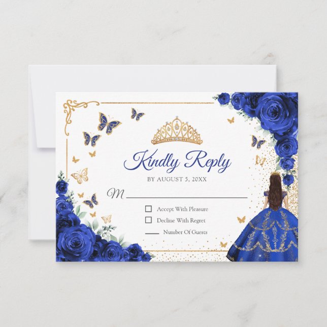 Tarjeta De Confirmación De Asistencia Elegant Chic Royal Blue Gold Quinceanera Reply (Anverso)