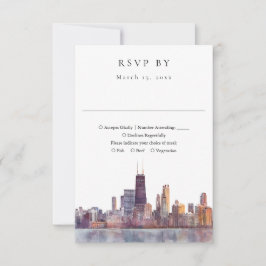 Tarjeta De Confirmación De Asistencia Elegant Chicago Skyline Watercolor Wedding