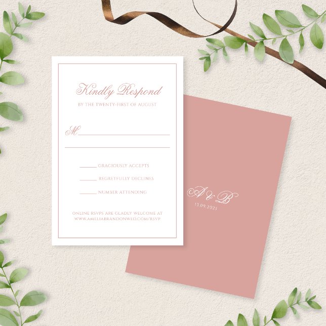 Tarjeta De Confirmación De Asistencia Elegant Classic Dusty Rose Monogram Script Wedding (Subido por el creador)