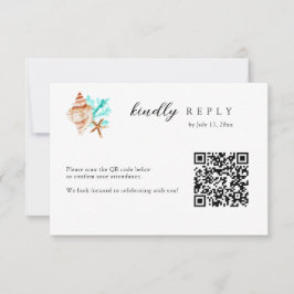 Tarjeta De Confirmación De Asistencia Elegant Coastal Seashell QR Code Beach Wedding