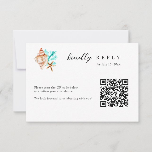 Tarjeta De Confirmación De Asistencia Elegant Coastal Seashell QR Code Beach Wedding (Anverso)