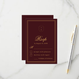 Tarjeta De Confirmación De Asistencia Elegant Crest Monogram Burgundy Gold Fall Wedding