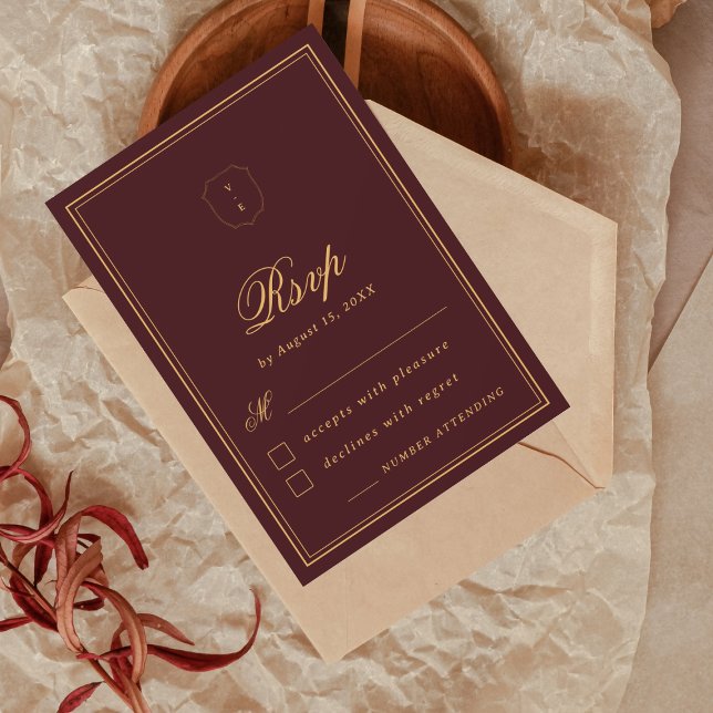 Tarjeta De Confirmación De Asistencia Elegant Crest Monogram Burgundy Gold Fall Wedding (Subido por el creador)