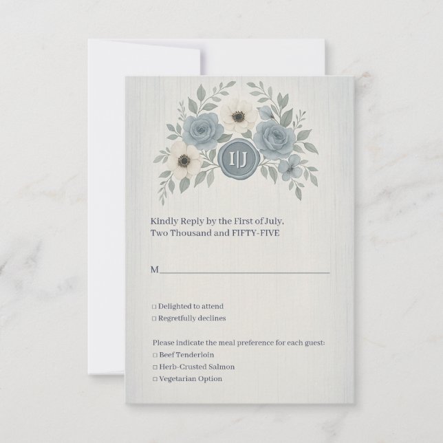 Tarjeta De Confirmación De Asistencia Elegant Dusty Blue Floral Wax Seal Wedding (Anverso)