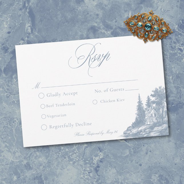 Tarjeta De Confirmación De Asistencia Elegant Dusty Blue Toile French Manor Wedding (Elegant Dusty Blue Toile French Manor Wedding RSVP Card)